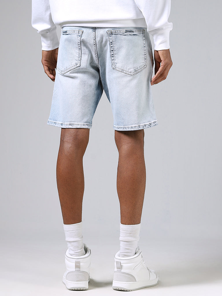Nuon Solid Ice Blue Denim Slim-Fit Mid-Rise Shorts