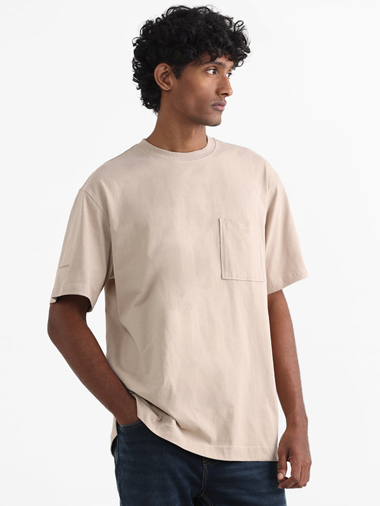 Nuon Beige Cotton Relaxed Fit T-Shirt