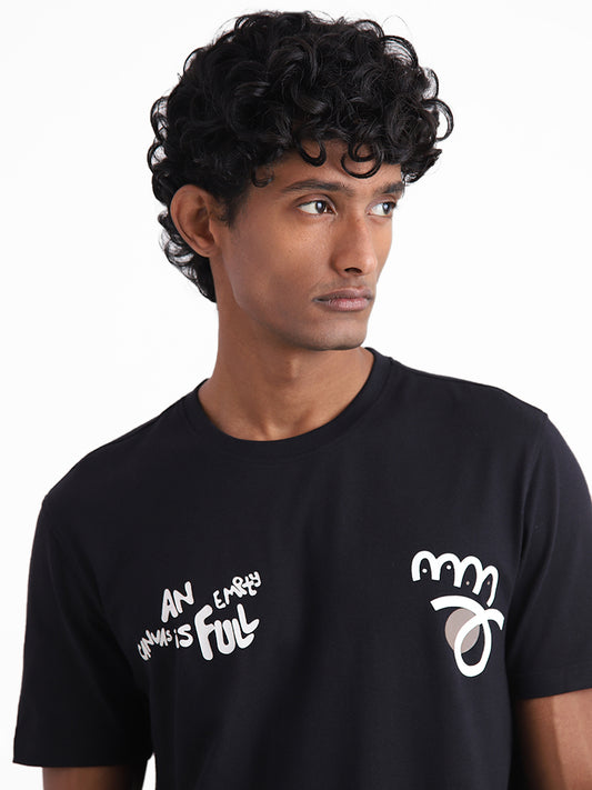 Nuon Black Typographic Printed Slim Fit T-Shirt