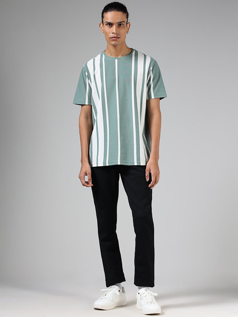 Nuon Sage Green & White Striped Cotton Blend Slim Fit T-Shirt