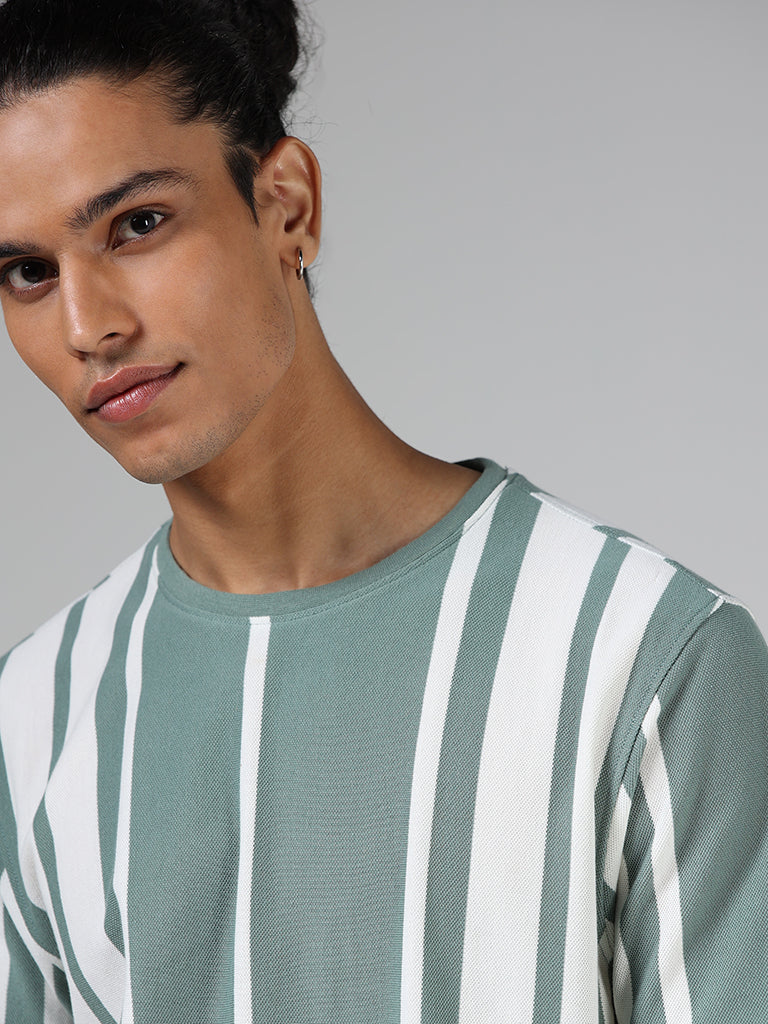 Nuon Sage Green & White Striped Cotton Blend Slim Fit T-Shirt