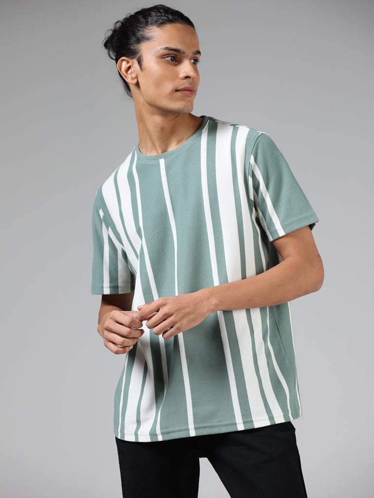 Nuon Sage Green & White Striped Slim Fit T-Shirt