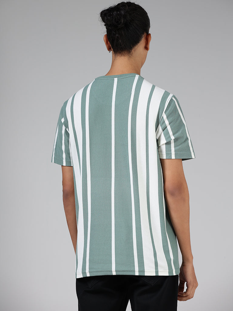 Nuon Sage Green & White Striped Slim Fit T-Shirt