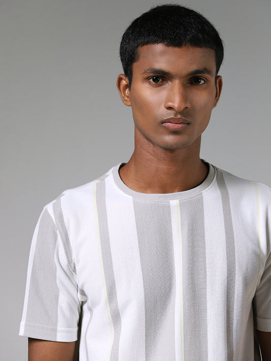 Nuon Grey Block Striped White Cotton Blend T-Shirt