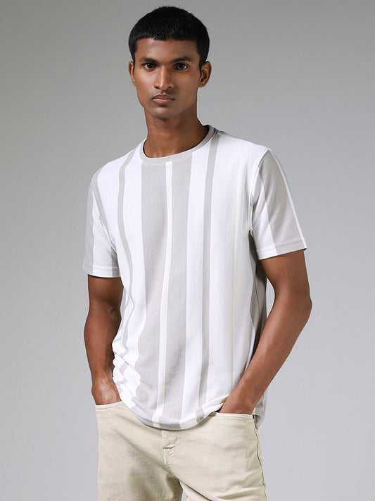 Nuon Grey Block Striped White Cotton Blend T-Shirt