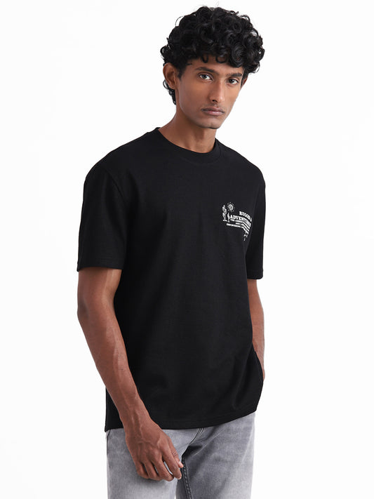Nuon Black Graphic Printed Relaxed Fit T-Shirt