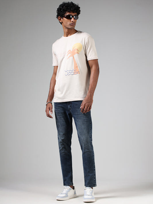 Nuon Beige Printed Cotton Slim Fit T-Shirt