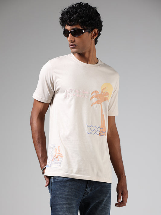 Nuon Beige Printed Slim Fit T-Shirt