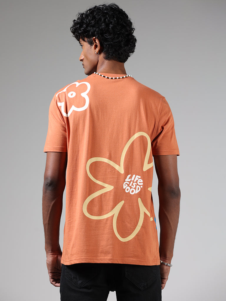 Nuon Burnt Orange Printed Cotton Slim Fit T-Shirt