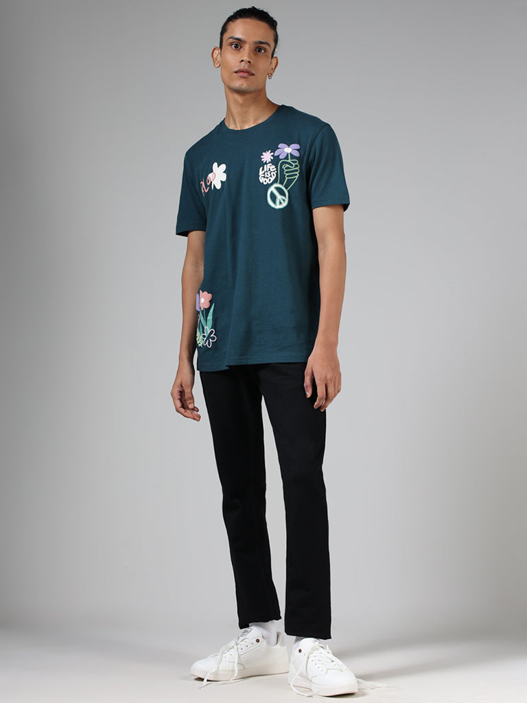 Nuon Dark Green Printed Slim Fit T-Shirt