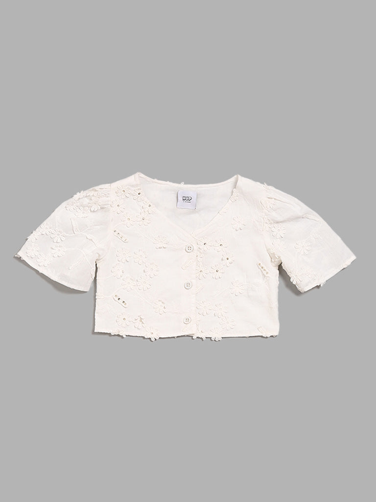 HOP Kids Off White Floral Embroidered Crop Top