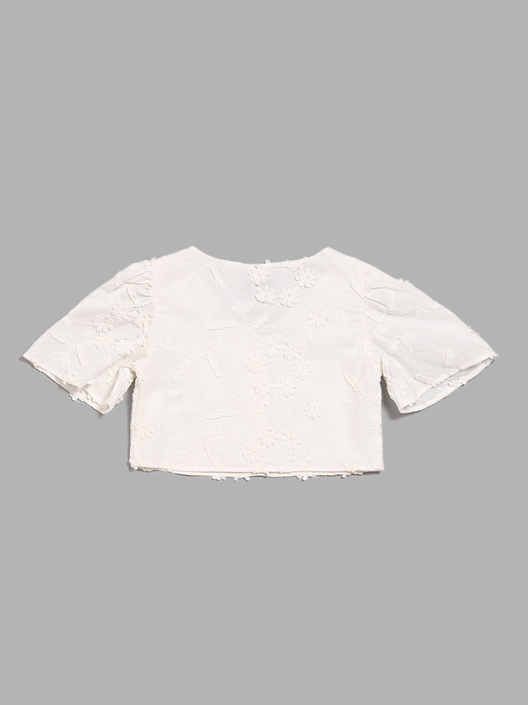 HOP Kids Off White Floral Embroidered Crop Top
