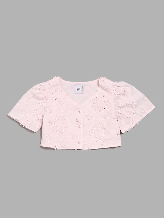 HOP Kids Pink Floral Embroidered Crop Top