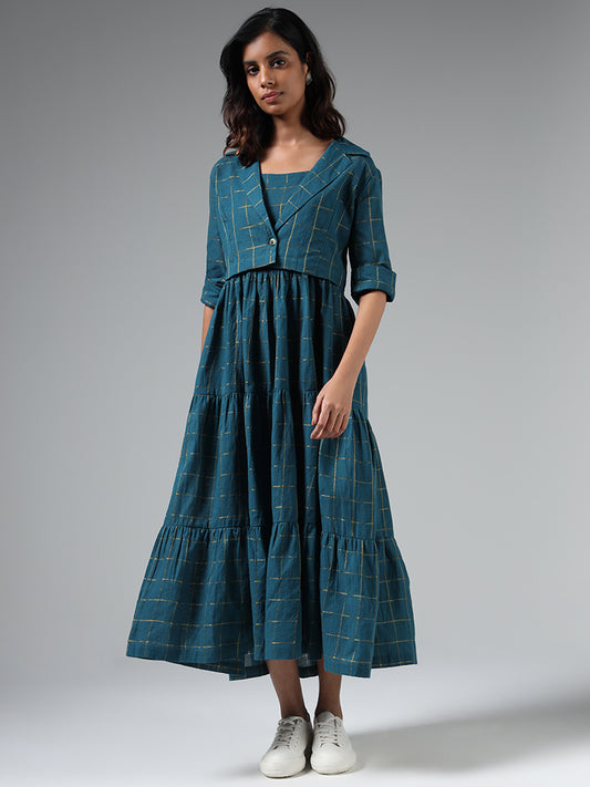 Bombay Paisley Teal Graph Checked Tiered Dress with Jacket