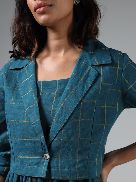 Bombay Paisley Teal Graph Checked Tiered Dress with Jacket