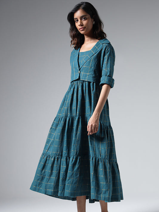 Bombay Paisley Teal Graph Checked Tiered Dress with Jacket