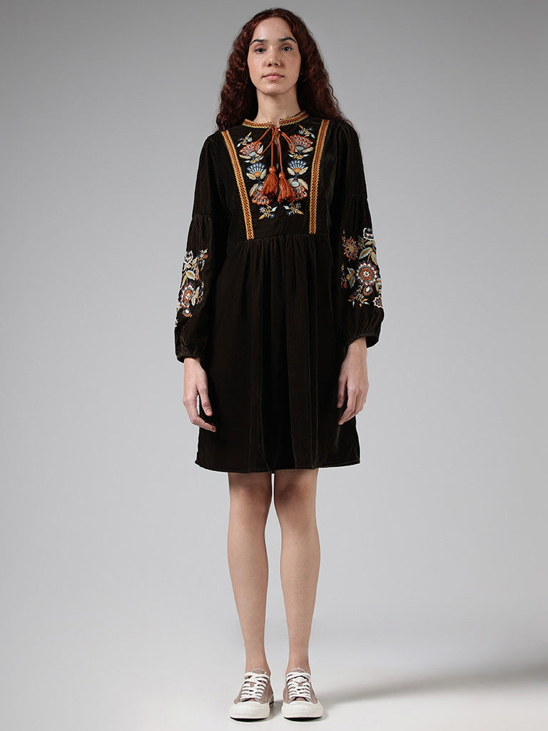 Bombay Paisley Dark Olive Floral Embroidered Dress