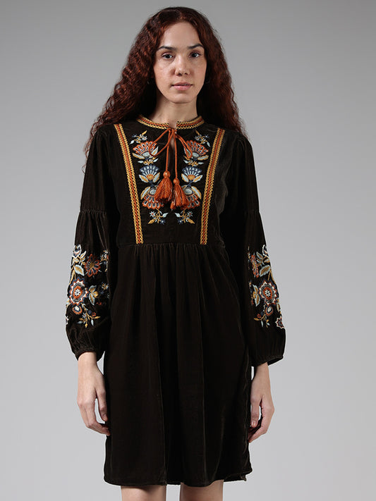 Bombay Paisley Dark Olive Floral Embroidered Dress