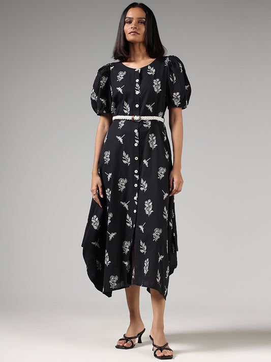 Utsa Black Leaf Printed Dress with Braided Belt