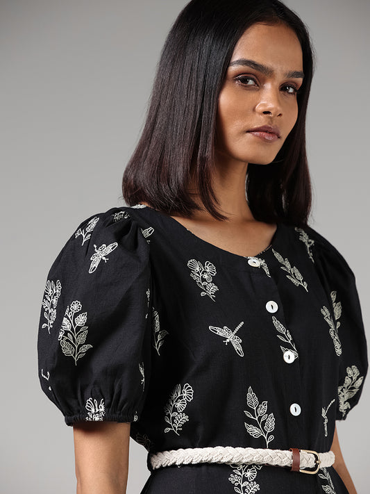 Utsa Black Leaf Printed Dress with Braided Belt