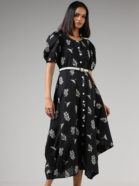 Utsa Black Leaf Printed Dress with Braided Belt