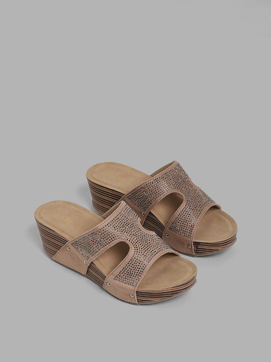 LUNA BLU Beige Embellished Loupe Stacked Heel Sandals