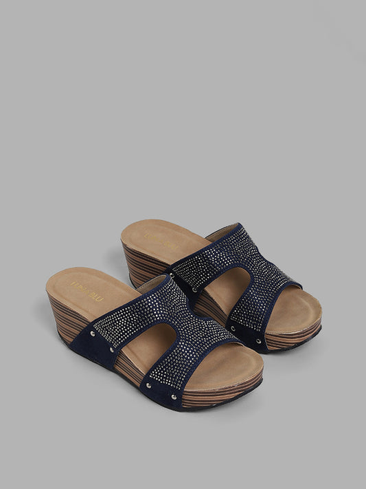 LUNA BLU Navy Embellished Loupe Stacked Heel Sandals