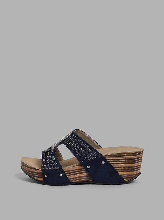 LUNA BLU Navy Embellished Loupe Stacked Heel Sandals