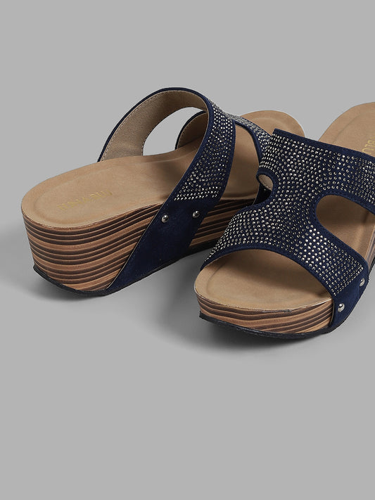 LUNA BLU Navy Embellished Loupe Stacked Heel Sandals