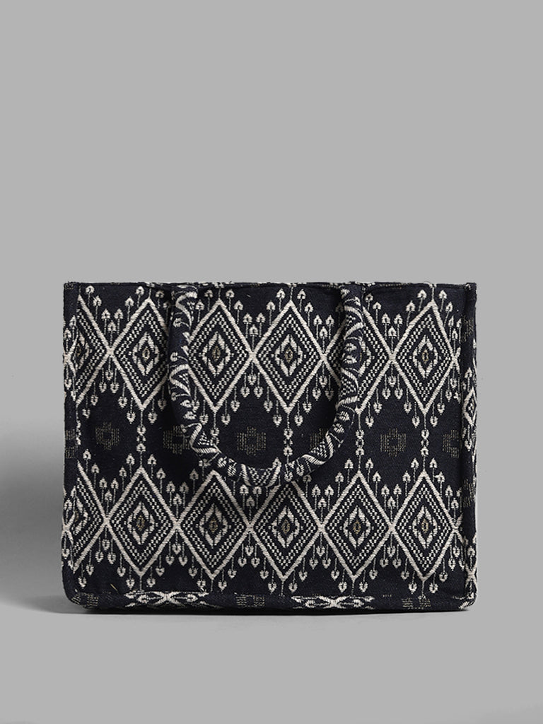 LOV Charcoal & White Jacquard Embroidered Tote Bag