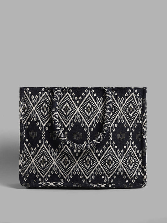 LOV Charcoal & White Jacquard Embroidered Tote Bag