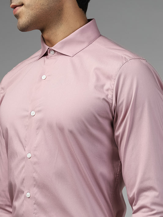 WES Formals Solid Ultra-Slim Fit Dusty Pink Cotton Blend Shirt