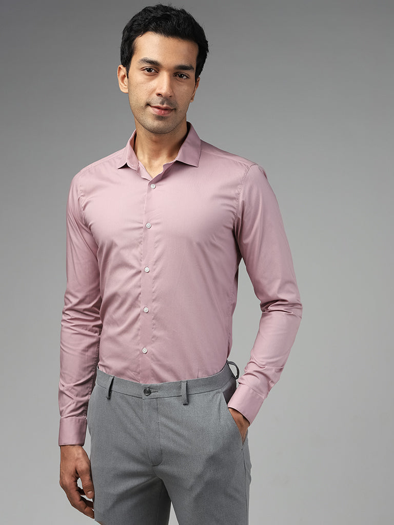 WES Formals Solid Ultra Slim Dusty Pink Cotton Blend Shirt