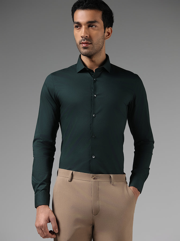 WES Formals Solid Green Ultra Slim Fit Shirt