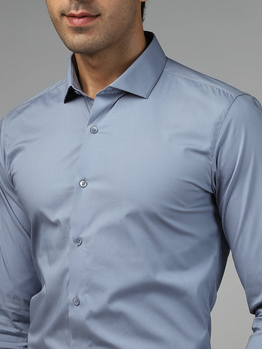 WES Formals Solid Ultra-Slim Fit Light Blue Cotton Blend Shirt