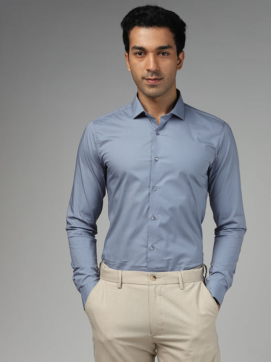 WES Formals Solid Ultra-Slim Fit Light Blue Cotton Blend Shirt