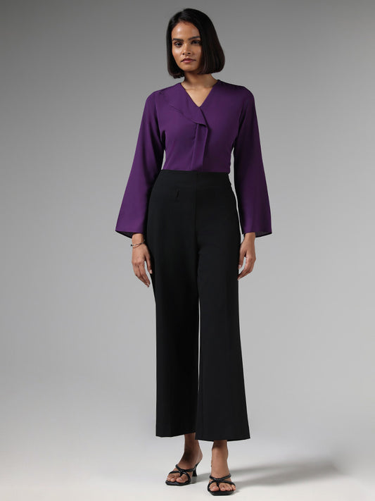 Wardrobe Solid Dark Purple Ruffle Neck Slim Fit Top