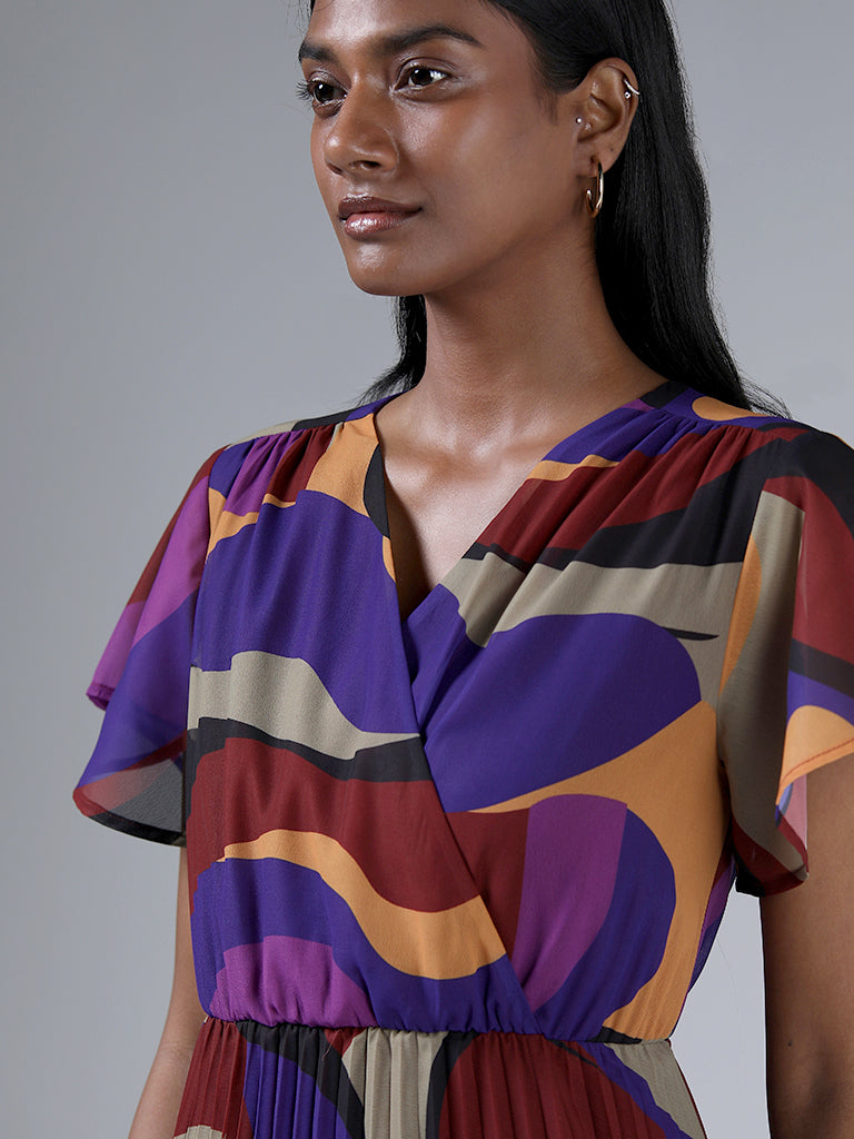 Wardrobe Purple Abstract Printed Pleated Slim Fit Dress