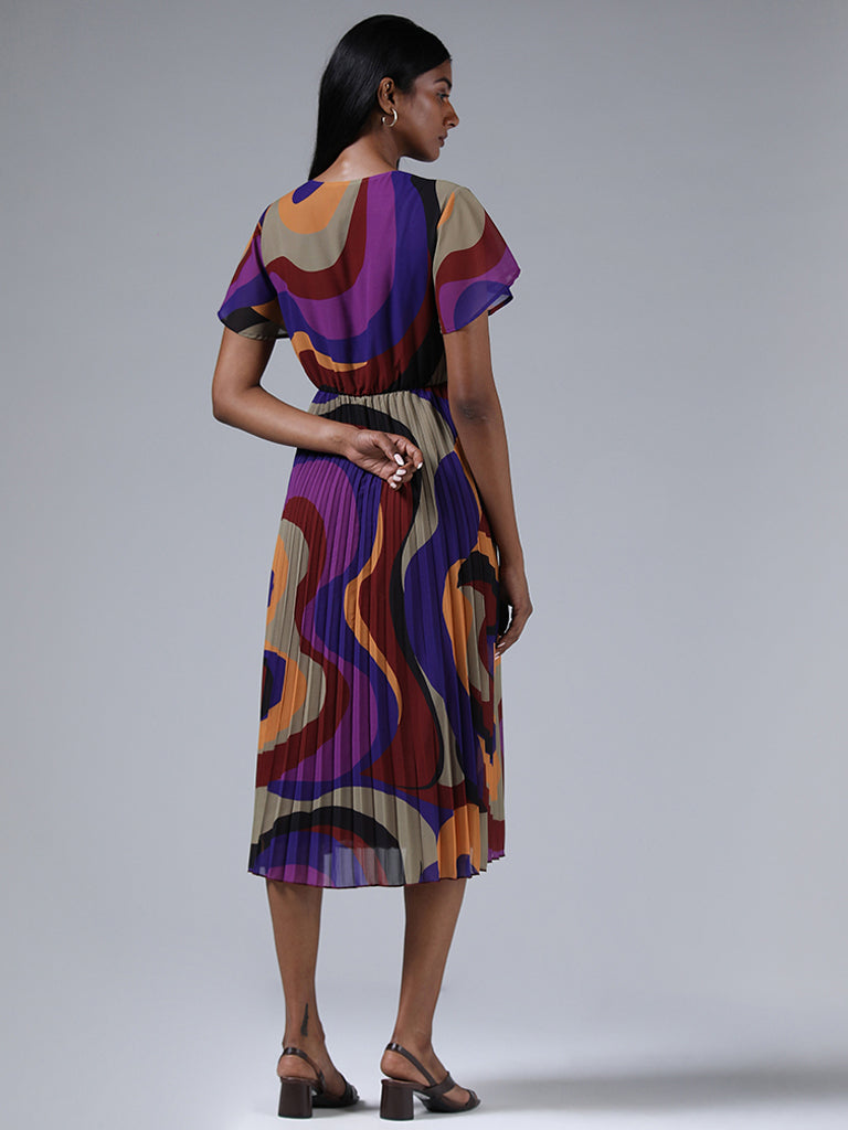 Wardrobe Purple Abstract Printed Pleated Slim Fit Dress