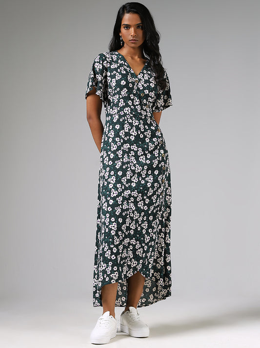 LOV Green Floral Print Button Down Dress