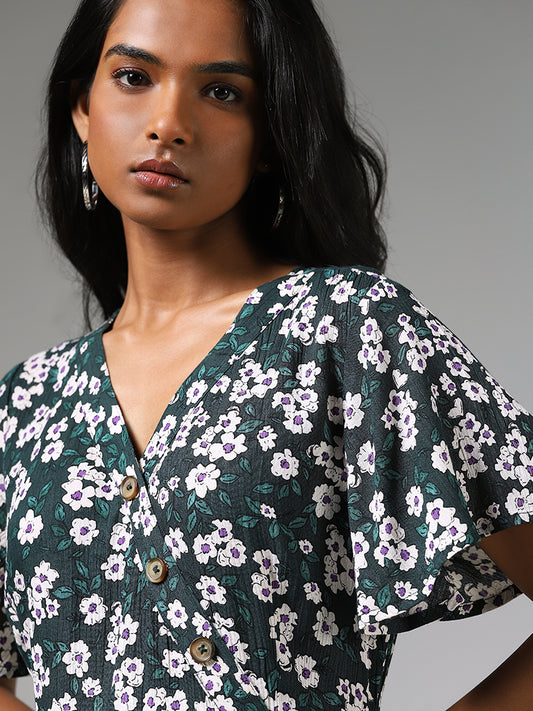 LOV Green Floral Print Button Down Dress