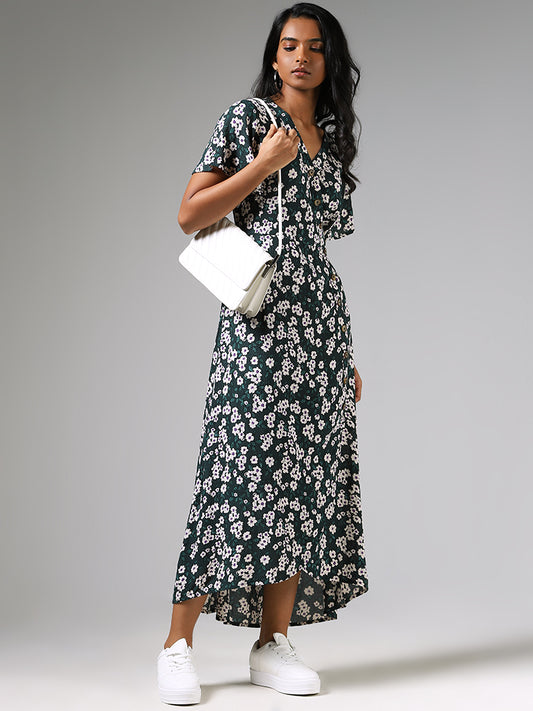 LOV Green Floral Print Button Down Dress