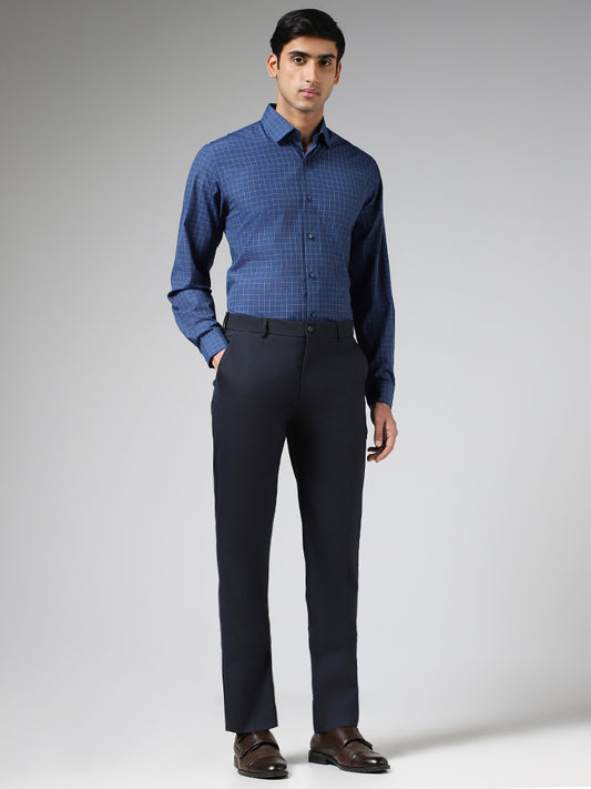 WES Formals Blue Graph Checked Relaxed Fit Shirt