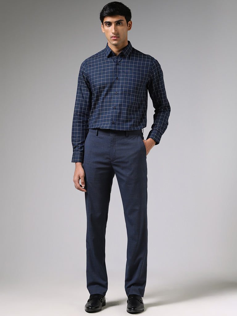 WES Formals Navy Blue Slim-Fit Mid-Rise Trousers
