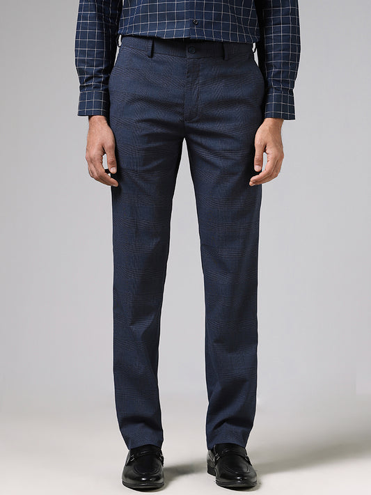 WES Formals Navy Blue Slim-Fit Mid-Rise Trousers