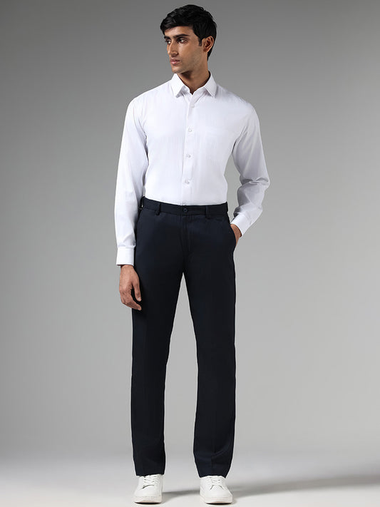 WES Formals Solid Navy Relaxed Fit Trousers