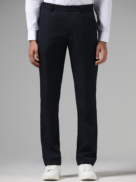 WES Formals Solid Navy Relaxed Fit Trousers