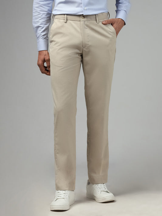 WES Formals Solid Light Beige Relaxed-Fit Mid-Rise Trousers