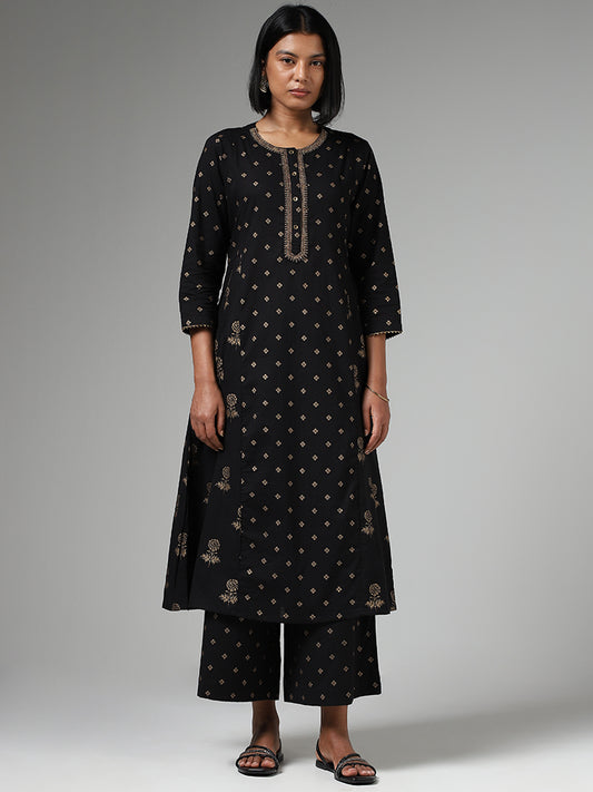 Utsa Black Zari Embroidered and Printed A-Line Kurta