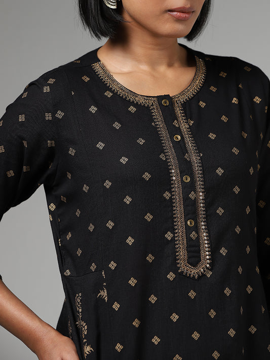 Utsa Black Zari Embroidered and Printed A-Line Kurta